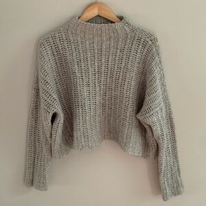 Aerie Chunky Knit Wool Alpaca Blend Mock Neck Relaxed Fit Sweater Grey Large